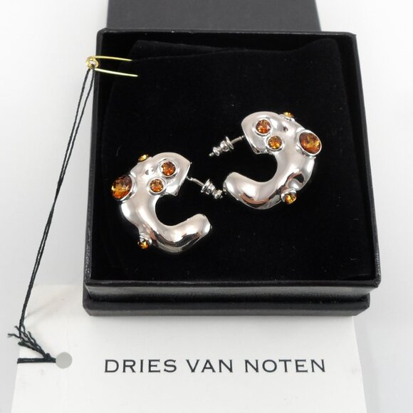 NWT$725 Dries Van Noten Brass Silver Colored Crystal Embellished Hoop Earrings - Picture 8 of 16